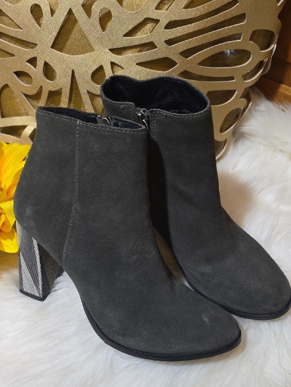 Matisse Charcoal Suede Ankle Booties with Patterned Block Heel